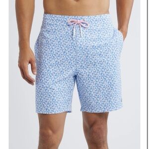 johnnie-O Blue and Pink Swim Trunks with Geometric Print